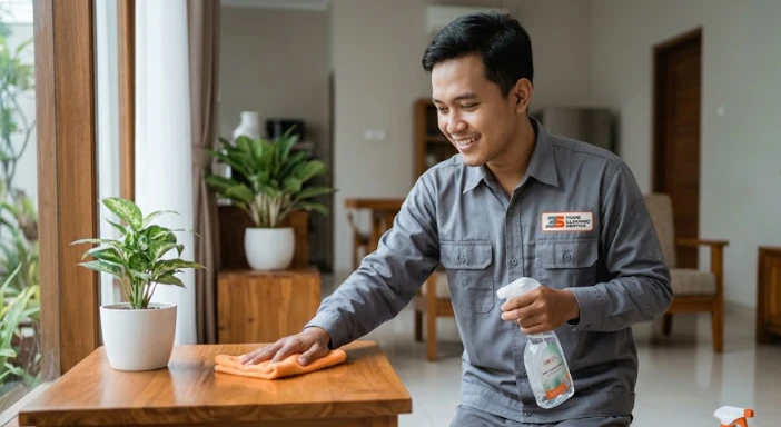generate image foto petugas laki laki indonesia cleaning service dengan seragam abu-abu sedang melakukan pembersihan di rumah, aspect ratio landscape.